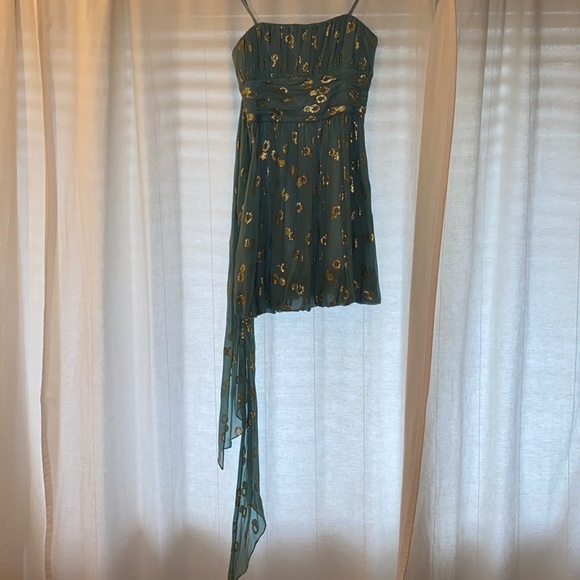 BCBG Maxazaria mini dress with bubble hem in dusty teal with gold polka dots Sz4 - Picture 3 of 6